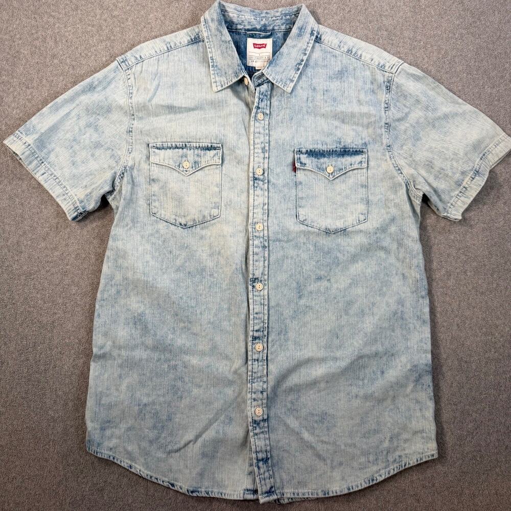 Levi's Men's Large Denim Button Down Shirt Light Blue Acid Wash Short Sleeve